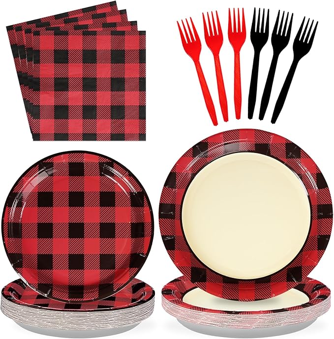 96PCS Red and Black Buffalo Plaid Party Supplies Buffalo Plaid Party Plates and Napkins Disposable Christmas Red Black Gingham Tableware for Christmas Birthday Lumberjack Party Decorations Serves 24