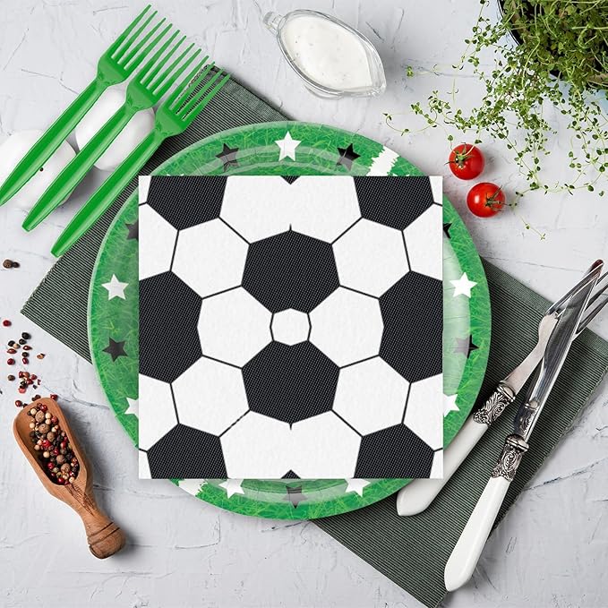 96Pcs Soccer Plates and Napkins Party Supplies- Sports Birthday Paper Plates Napkins Forks Dinnerware Soccer Ball Party Decor for Soccer Fans Baby Shower Boys Girls Birthday Gatherings Serves 24
