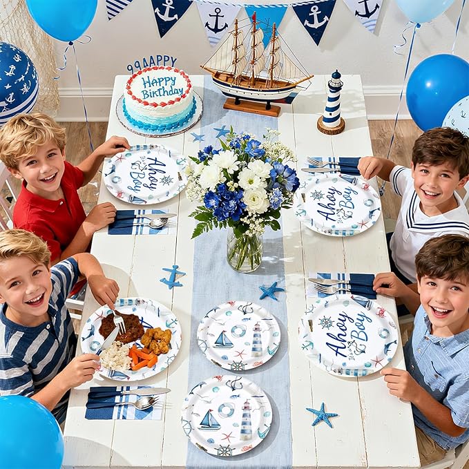 Grencian 96 Pcs Boy Nautical Party Decorations Oh It's A Boy Plates and Napkins Disposable Blue White Tableware Sets for Boys Baby Shower Baby Gender Reveal Birthday Sailing Party Supplies Serves 24