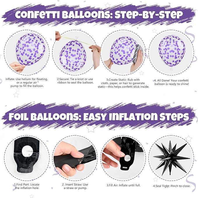 Purple and Black Balloons, 12 Inch Metallic Purple Dark Light Purple Black Confetti Balloon with Star Foil Balloons for Girls Women Birthday Wedding Graduations Party Decorations