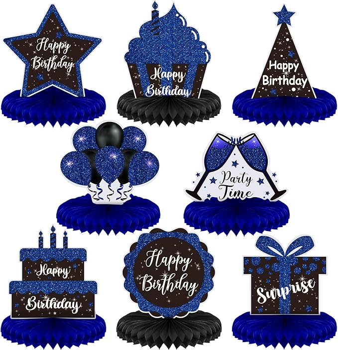 Yexiya 8 Pcs Blue and Black Birthday Centerpiece Table Decoration, Happy Birthday Honeycomb Centerpieces Honeycomb Table Toppers for Men Women Party Supplies
