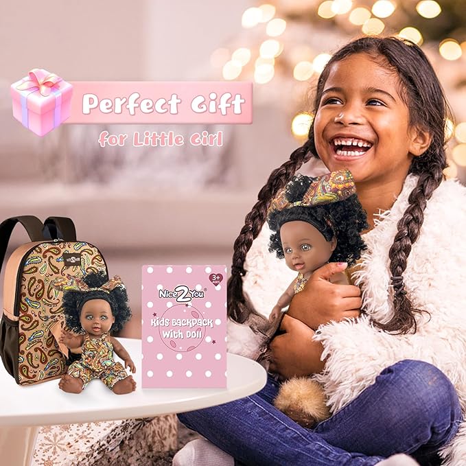 Nice2you Black Baby Doll in Take Along Backpack Carrier, 10in American African Girl Doll for Toddlers and Kids Aged 1-3 2 4 5 Year Old, Backpack for Baby Doll Accessories Storage
