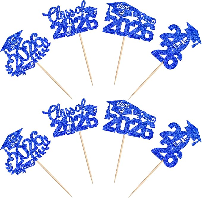 Graduation Cupcake Toppers 2026 Food/Appetizer Picks For Graduation Party Mini Cake Decorations 2026 Cupcake Toppers Graduation 24 Pieces (blue)