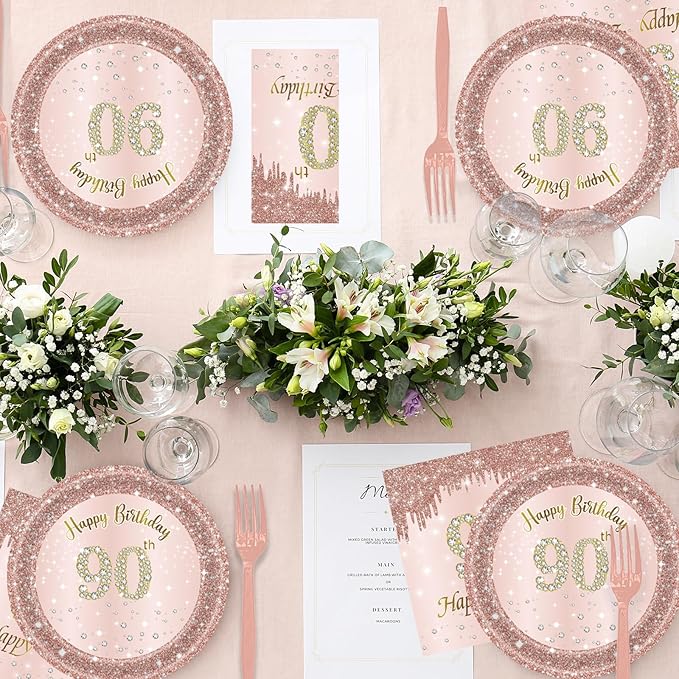 90th Birthday Decorations for Women,61Pcs Rose Gold 90th Birthday Decorations Tableware Include Happy 90th Birthday Plates and Napkins,Tablecloth,Forks,90th Birthday Party Supplies Serve 20