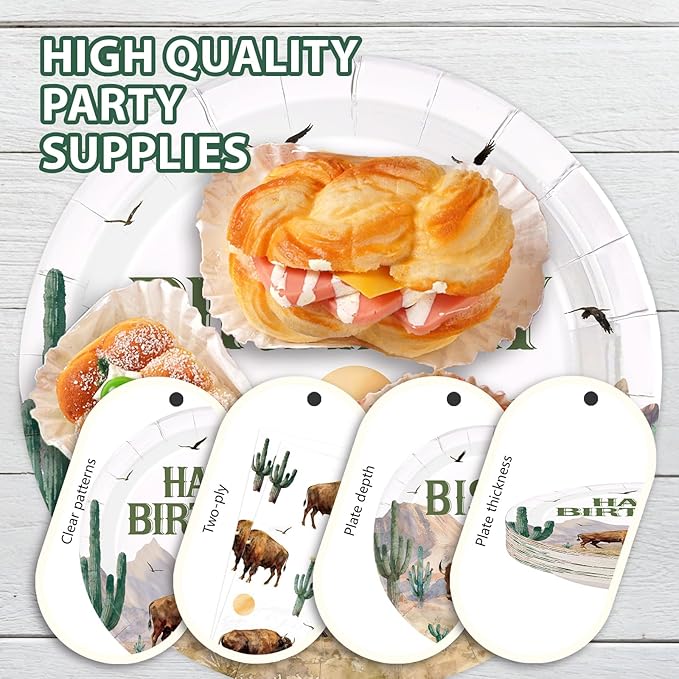 96Pcs Bison Happy Birthday Party Decorations Western Bison Birthday Plates and Napkins Sets Western Wild Highland Animals Cactus Decorations for Boys Girls Wild West Party Supplies Serves 24