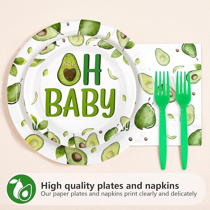 96Pcs Avocado Baby Shower Decorations Baby On The Way Plates and Napkins Disposable Green Holy Guacamole Themed Tableware for Baby Avocado Baby Shower Gender Reveal Party Supplies Serves 24