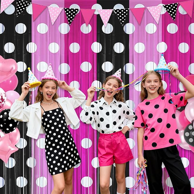 Pink Black Foil Fringe Curtains Birthday Decorations, 4 Pack 3.2x6.6ft Mouse Color Tinsel Streamers Backdrop Baby Shower Cartoon Mouse Birthday Party Decorations Supplies
