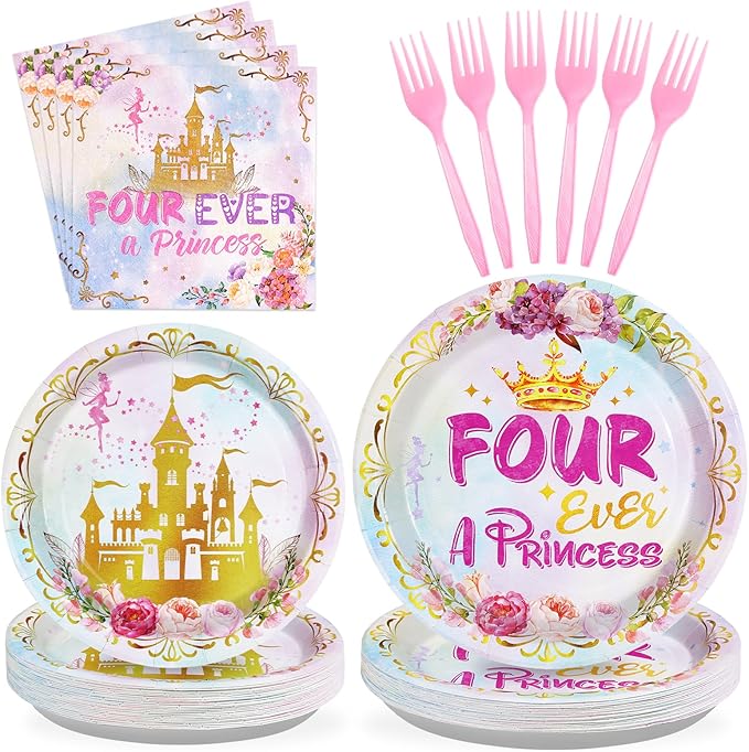 96 Pcs Princess Birthday Party Supplies 350 GSM Four Ever a Princess Plates and Napkins Tableware Set Watercolor Pastel Rainbow Castle Party Decorations for Girl 4th Birthday Fairytale Party Serves 24