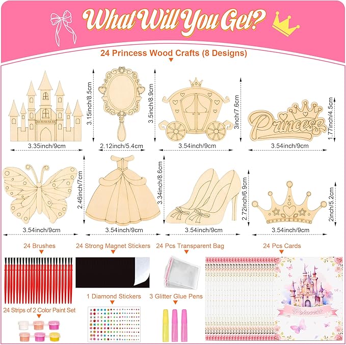 Bafeil 24 Sets Princess Party Favors, DIY Wooden Painting Crafts Kit with Magnets, Princess Birthday Party Supplies, Princess Party Decorations Goodie Bags Gifts Stuffers Prizes