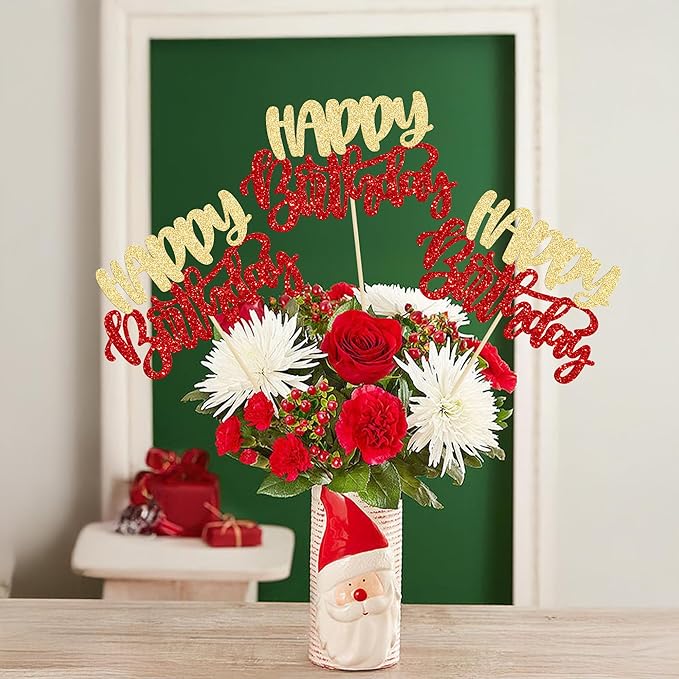 Gyufise 12Pcs Happy Birthday Centerpieces Sticks Double Sided Glitter Birthday Party Decorations Anniversary Table Flower Centerpiece for Celebrating Party Supplies Gold Red