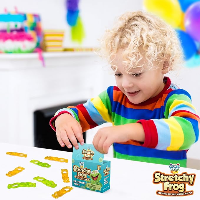 PICK A TOY Slingshot Rubber Frog 24 Set, Sticky Toys You Throw At The Wall, Stretchy Wall Crawler Toy, Party Favors for Kids, Goodie Bags, Pinata Filler, Easter Egg Stuffer