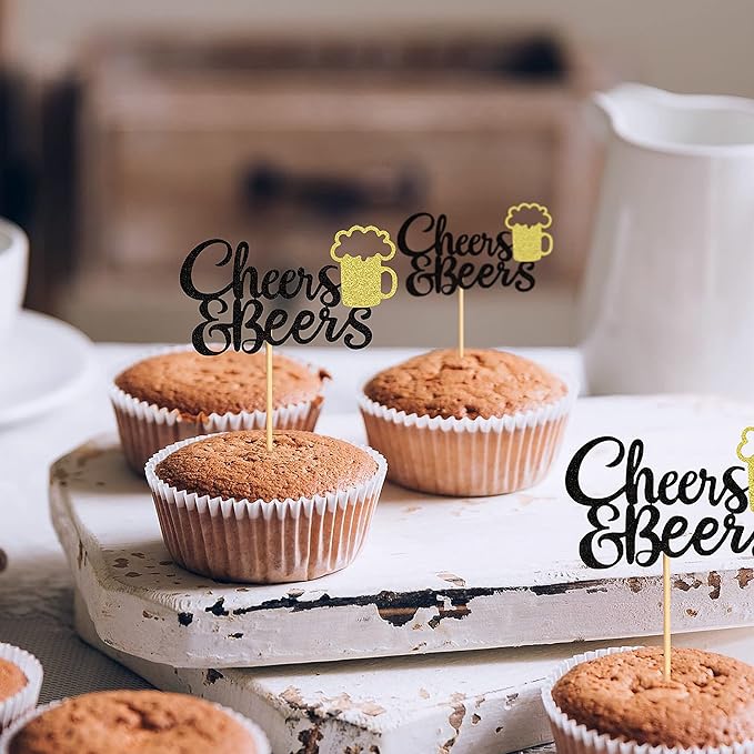 Ercadio 24 Pack Cheers and Beers Cupcake Toppers with Glitter Beer Mug Cupcake Picks Baby Shower Birthday Beers Festival Themed Party Cake Decorations Supplies Black