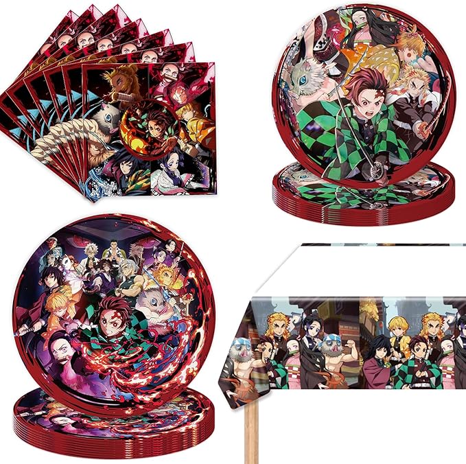41Packs Demon Slayers Birthday Decorations Include 20 Plates, 20 Napkins and 1 Tablecover for De Slayers Birthday Party Supplies (bule3)