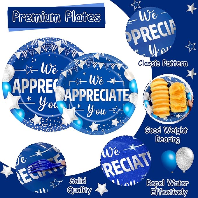 96pcs Blue Silver We Appreciate You Plates and Napkins Set for Thanksgiving Party Decorations Thank You Dinnerware Tableware for 24 Guests Employee Teacher Graduate Pastor Appreciation Party Supplies