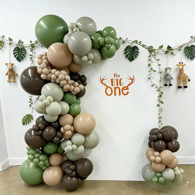 Woodland Balloons, 12 Inch Sage Green Brown and Sand White Balloon Double Stuffed Blue Balloon for Woodland Safari Jungle Forest Wild One Baby Shower Birthday Party Decorations