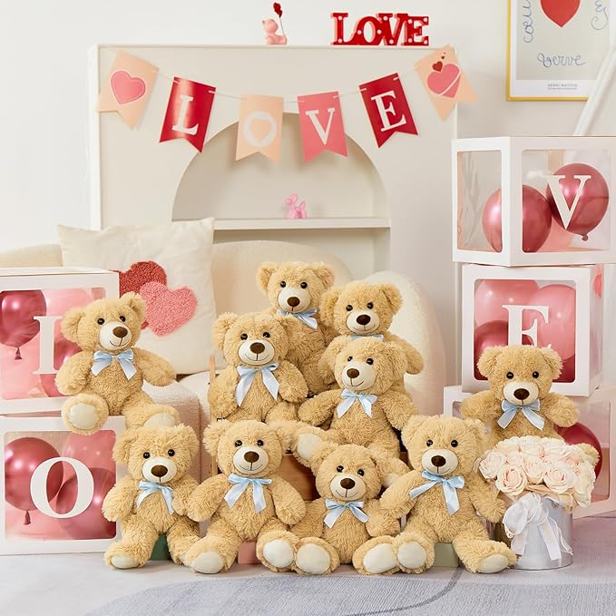 MorisMos 10-Pack Teddy Bear Bulk for Baby Shower,14-inch Small Teddy Bear Stuffed Animal Plush Toy,Soft Bulk Stuffed Animal Wholesale for Baby Shower Centerpiece Decoration Birthday Party Favors,Brown