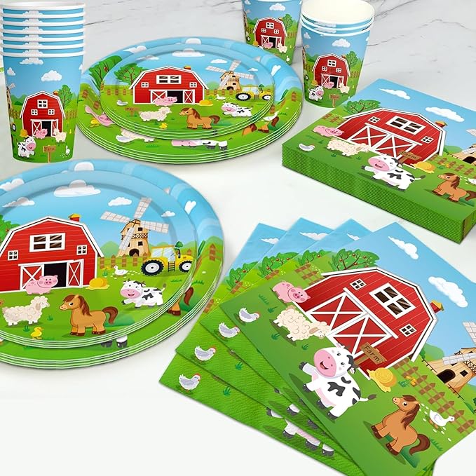 150 Pcs Farm Animal Birthday Party Decorations Farm Plates Tableware Barnyard Farm Birthday Party Supplies Serves 25 Farm Themed Cups, Farm Animal Napkins Red Knife/Fork/Spoon