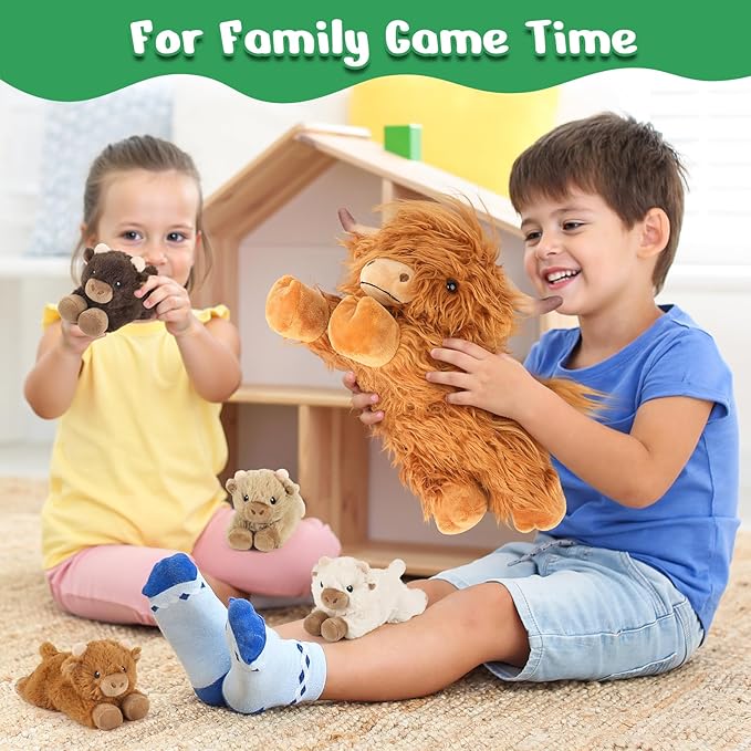 5PC Highland Cow Stuffed Animals with Babies Inside, 1 Mommy Highland Cow Plush & 4 Surprise Babies, Cute Soft Plush Toy for Kid Boy Girl Age 3-8, Gifts Ideal for Birthday, Christmas Imaginative Play