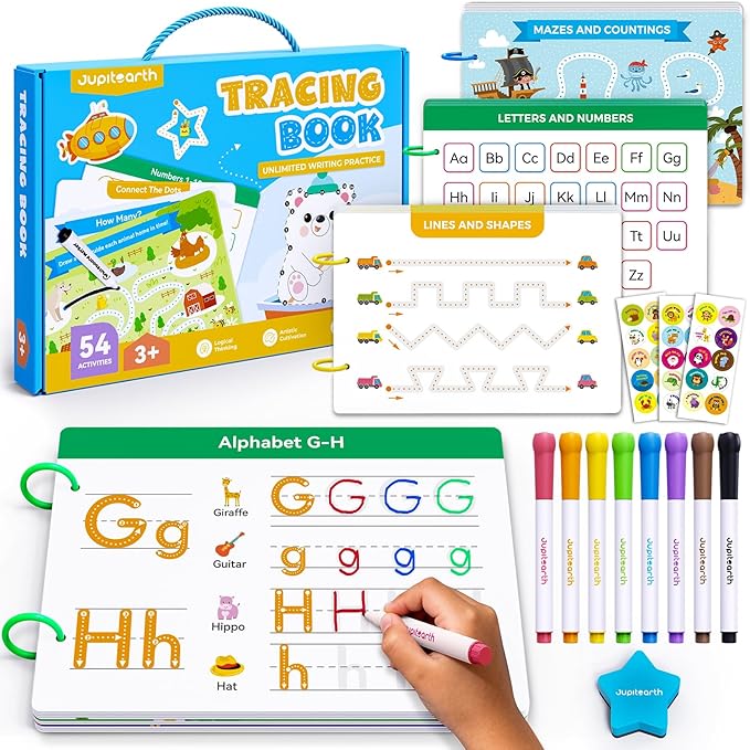 Preschool Learning Activities 54 Reusable Pages, Tracing Books for Kids Ages 3-5, Toddler Activities Busy Book, Handwriting Practice Kindergarten Workbooks, Educational Toys for 3 4 5 Year Old