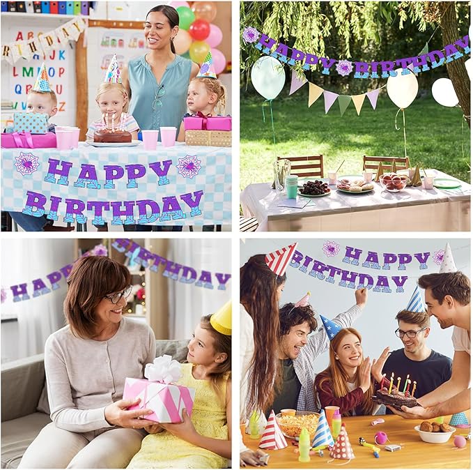Oudain Spider Theme Birthday Banner Decorations Pre-strung Spider Web Happy Birthday Banner Flags Sign Cartoon Backdrop Party Supplies Favors(Purple Blue)