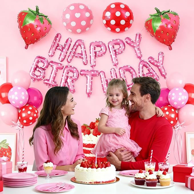 29PC Strawberry Happy Birthday Balloon Banner, 16Inch 3D Aluminum Letter Banner Sign, Red Hot Pastel Pink Printed Balloons 18 Inch Round Dot Foil Balloon for Fruit Strawberry Party Decoration