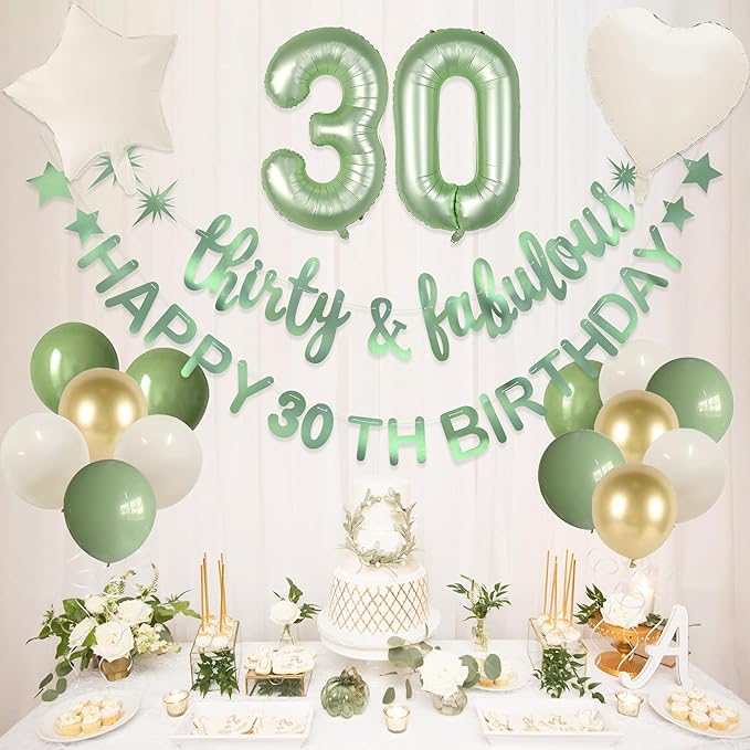 Sage Green Thirty & Fabulous Happy 30th Birthday Banner Garland Foil Balloon 30 for Womens 30th Birthday Decorations 30 and Fabulous Cheers to 30 Years Old Dirty Thirty Party Decor Supplies Backdrop