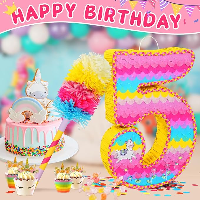 Number 5 Pinata for Birthday Party Decorations, Unicorn Mermaid Theme Pink Piñata Games Toy (5th)