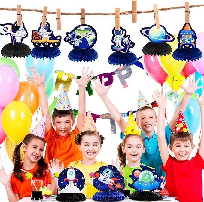 9 Pcs Outer Space Theme Honeycomb Centerpiece Outer Space Party Decorations Paper Planet Table Decor Solar System Astronaut Ufo Table Topper for First Trip Around the Sun Birthday Party Supplies