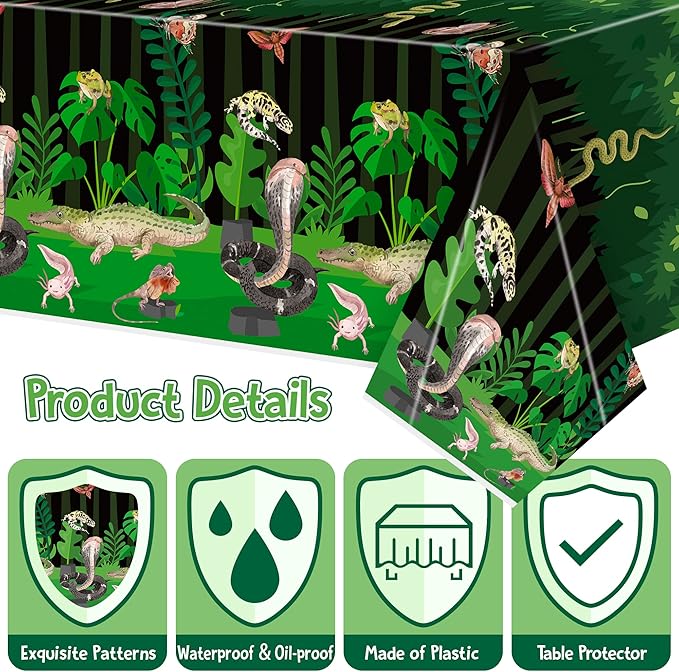 6Pack Reptile Swamp Party Tablecloth Disposable Wildlife Lizard Snake Rectangle Tablecover Alligator Turtle Jungle Animal Plastic Table Cloth Decoration for Reptile Birthday Supply 54” x 108”