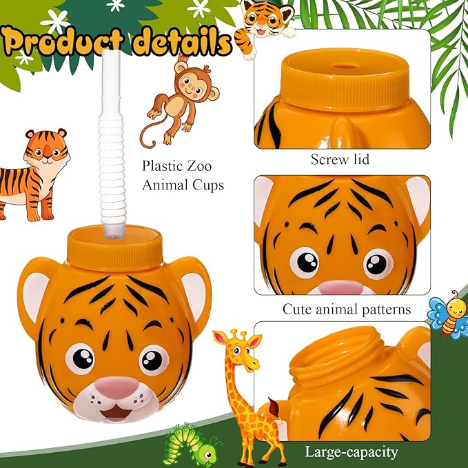 Hoolerry 24 Sets Zoo Animal Cups with Straws and Lids, 10 oz Plastic Reusable Safari Jungle Animal Theme Kids Cups for Safari Birthday Party Supplies