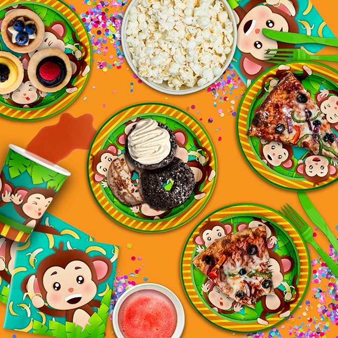 Monkey Birthday Party Supplies - Jungle Animal Party Supplies - Zoo Animal Party Supplies | Tableware Set Includes Plates, Napkins and Cups | Kit for 16