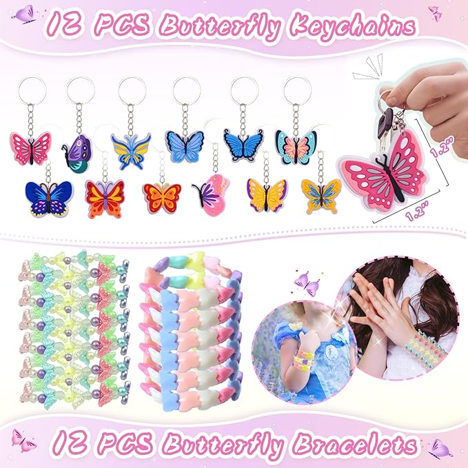 Butterfly Party Favors 122Pcs Butterfly Themed Birthday Supplies Set Fairy Party Favors Decorations Keychains Bracelets Goodie Bags Tattoo Stickers Gifts for Pinata Filler