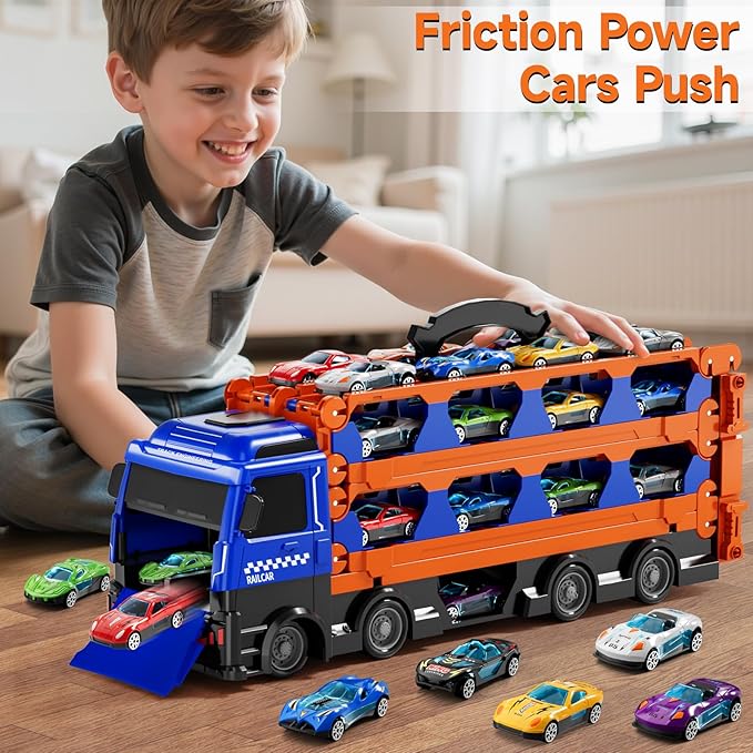 kids Catapult Railcar Toys : Toy Truck for 3 4 5 6 Years Old Kids Boys | 78-Inch Race Track Transport Vehicle & 12 Die-Cast Metal Toy Cars | Toddler Truck Car Toys Set Gifts for Age 3-12 Years Old Kid