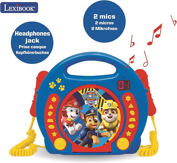 Lexibook Paw Patrol Chase Marshall, Karaoke CD Player with 2 Microphones, Programming Function, Headphones Jack, for Kids, with Power Supply or Batteries, Blue/Red, RCDK100PA