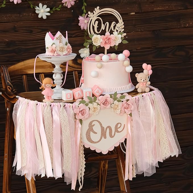 Wildflower 1st High Chair Banner Birthday Decorations For Girl Pink Flower Cake Topper Hat Floral Theme Party Decoration
