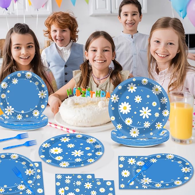 96Pcs Daisy Birthday Party Supplies Groovy Flower Paper Plates and Napkins Spring Floral Disposable Dinner Dessert Tableware Set for Blue Baby Shower Birthday Party Decorations Serve 24