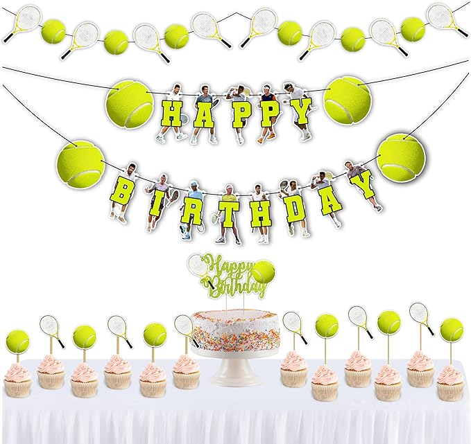 Tennis Theme Birthday Party Supplies - Decoration Set for Sports Celebration, Tennis Party Décor Kit with Banner, Cake Topper, Cupcake Toppers and Table Decorations for Home and Event Setup