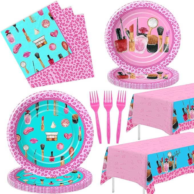 Spa Party Decorations Tableware For Girls, Spa Day Makeup Birthday Party Supplies, Paper Plate, Napkin, Tablecloth, Disposable Fork | Serves 24