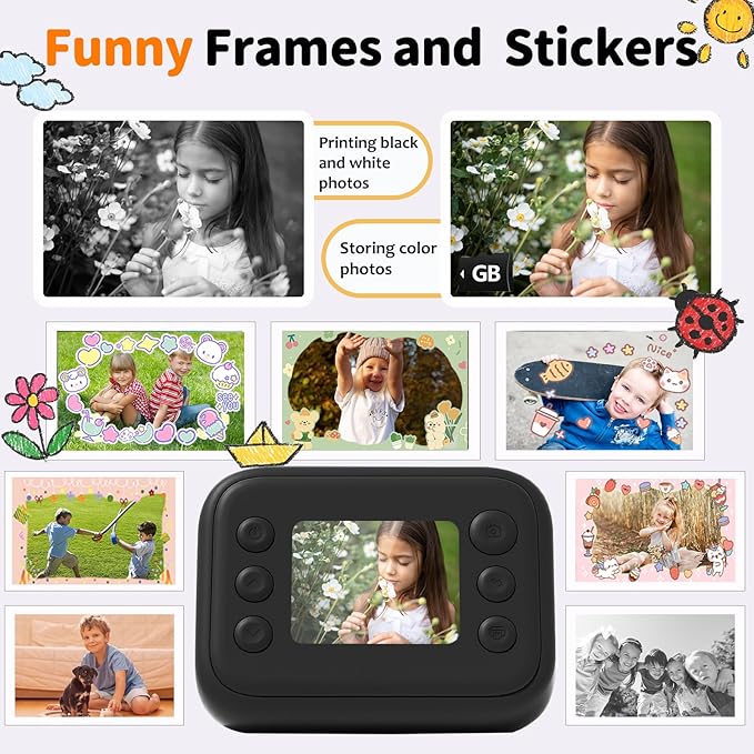 Instant Print Camera for Kids with 5 Color Print Paper, 48MP Photo 1080P Video, 21 Fun Frames, 32GB Card, Birthday for Girls Boys Age 3 4 5 6 7 8 9 10 11 12 Years Old Black