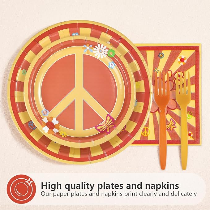 96Pcs 70s Party Decorations Hippie Daisy Flower Plates and Napkins Hippie Peace Symbol Tableware for Baby Girl Theme Groovy Yellow Birthday 70s Retro Baby Shower Party Supplies Serves 24
