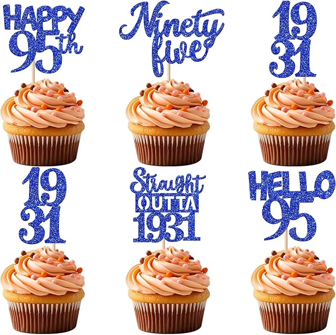 30 PCS 95th Birthday Cupcake Toppers Glitter Ninety Five Happy 95 Straight Outta 1931 Cupcake Picks for Cheers to 95 Fabulous 95th Birthday Anniversary Party Cake Decorations Supplier Blue