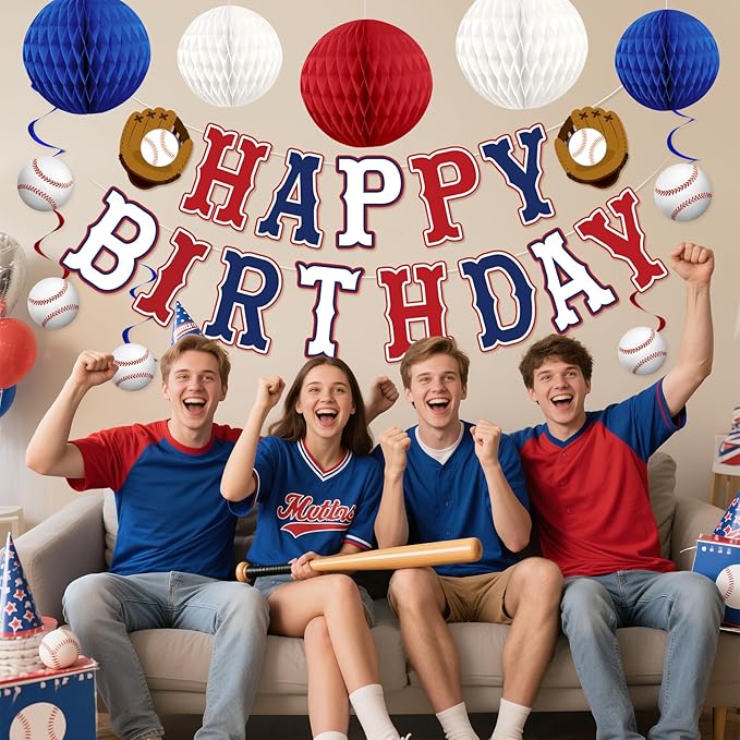 Baseball Birthday Decorations, Baseball Party Decorations Include Banner, Honeycomb Balls, Hanging Swirl Streamers, Circle Dots Garland for Baseball Sports Birthdays Party Supplies for Boys