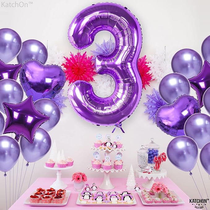 KatchOn, Giant Purple Number 3 Balloon - 40 Inch | 3rd Mylar Foil Balloon For Happy Birthday Decorations | 3rd Number Balloons For Mermaid Purple Party Happy Anniversary Decorations