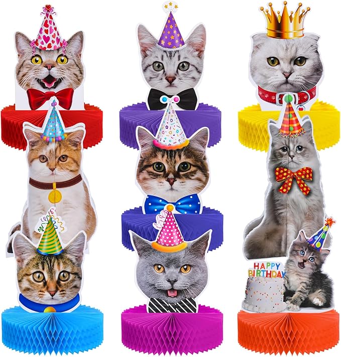 Teling 9 Pcs Cat Themed Honeycomb Centerpieces Cat Birthday Party Decorations Kitten Party Supplies Cake for Kids Baby Shower Birthday Supplies