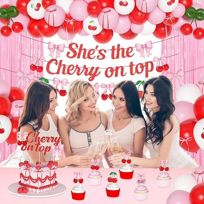 Cherry Party Decorations She's The Cherry On Top Banner Summer Fruit Cherries Themed Decor with Bow Cake Topper Pink Red White Balloons Fringe Curtains for Birthday Baby Shower Wedding Bridal Shower
