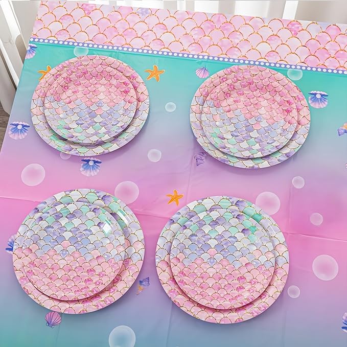 48 Pcs Mermaid Birthday Party Decorations Plates Set for 24 Guests,Little Mermaid Party Supplies Ocean under the Sea Party Tableware Plate for Princess Girls Baby Shower