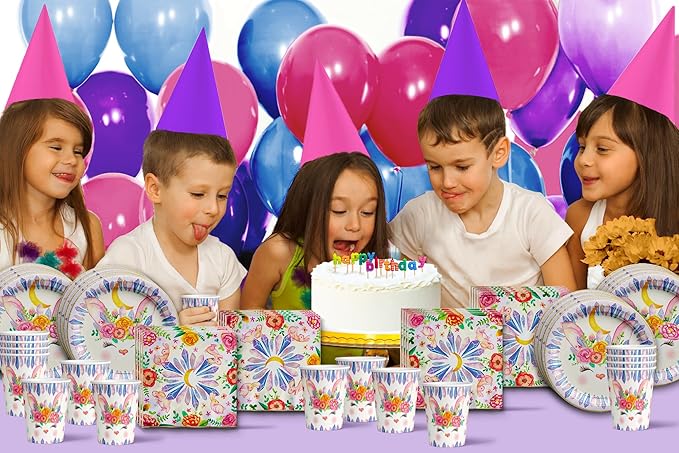 Bunny Rabbit Floral Birthday Party Supplies - Easter Bunny Party Supplies - Floral Party Supplies - Spring Party Supplies - Easter Party Tableware Set Includes Plates Napkins and Cups | Kit for 16