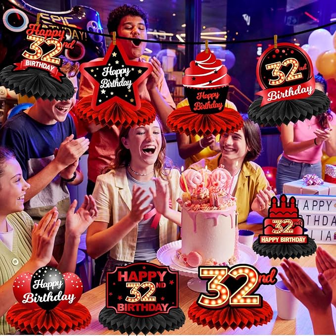 Happy 32nd Birthday Red and Black Table Honeycomb Centerpieces Balloons Theme Decor Table Decorations Table Toppers for Girls Women Princess 32 Years Old Birthday Party Bday Supplies Background Gold