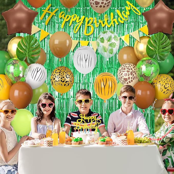 Jungle Safari Birthday Decorations, Safari Theme Party Supplies with Green Brown Animal Print Balloons Happy Birthday Banner Cake Topper Fringe Curtain Palm Leaves for Woodland Themed Party Decor