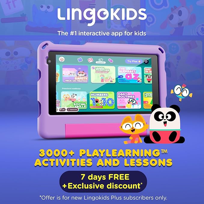 Contixo A7 Kids Tablet with 14 Apps, Lingokids & Epic, 7" HD Screen, Android 15, Parental Controls, WiFi, 3+32GB Storage, al Tablet for Kids Ages 3-12, Boys & Girls Gift, Purple